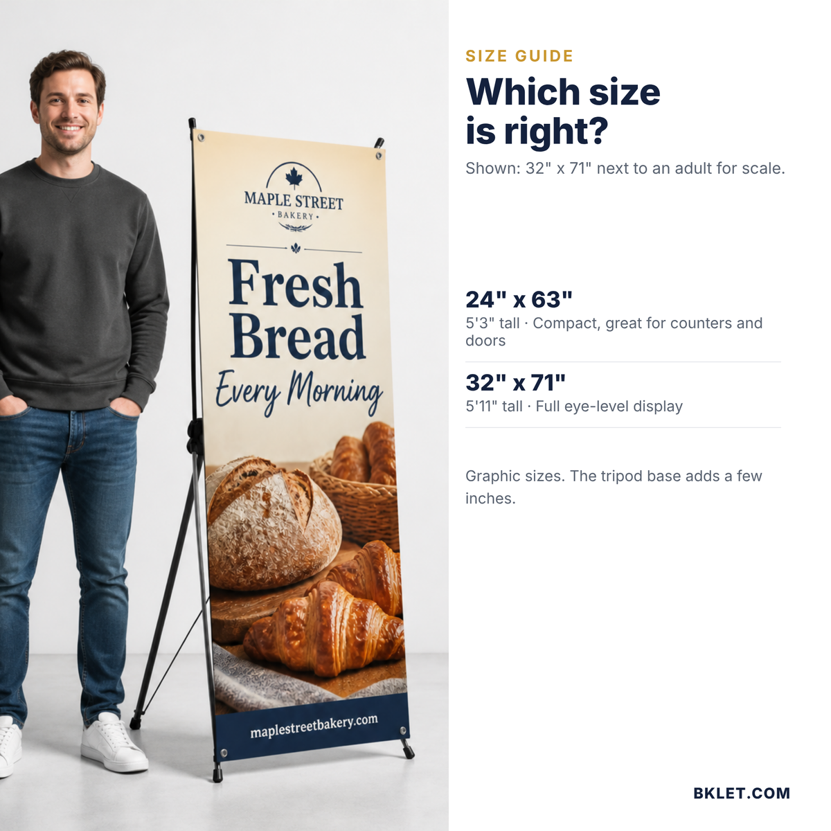 X-banner stand size guide with person for scale